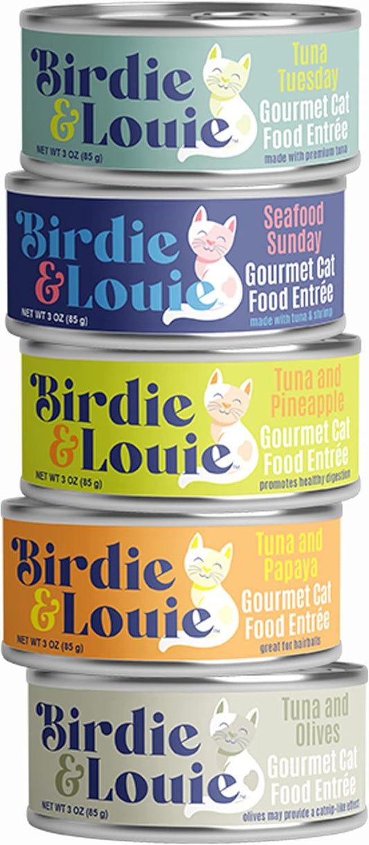 Birdie & Louie Wet Cat Food Variety Pack of Tuna Flavors | 6 Cans of 5 Different Tuna Flavors | All Natural Ingredients, Grain Free | 3 Oz Cans, Bulk Case of 30 Cans