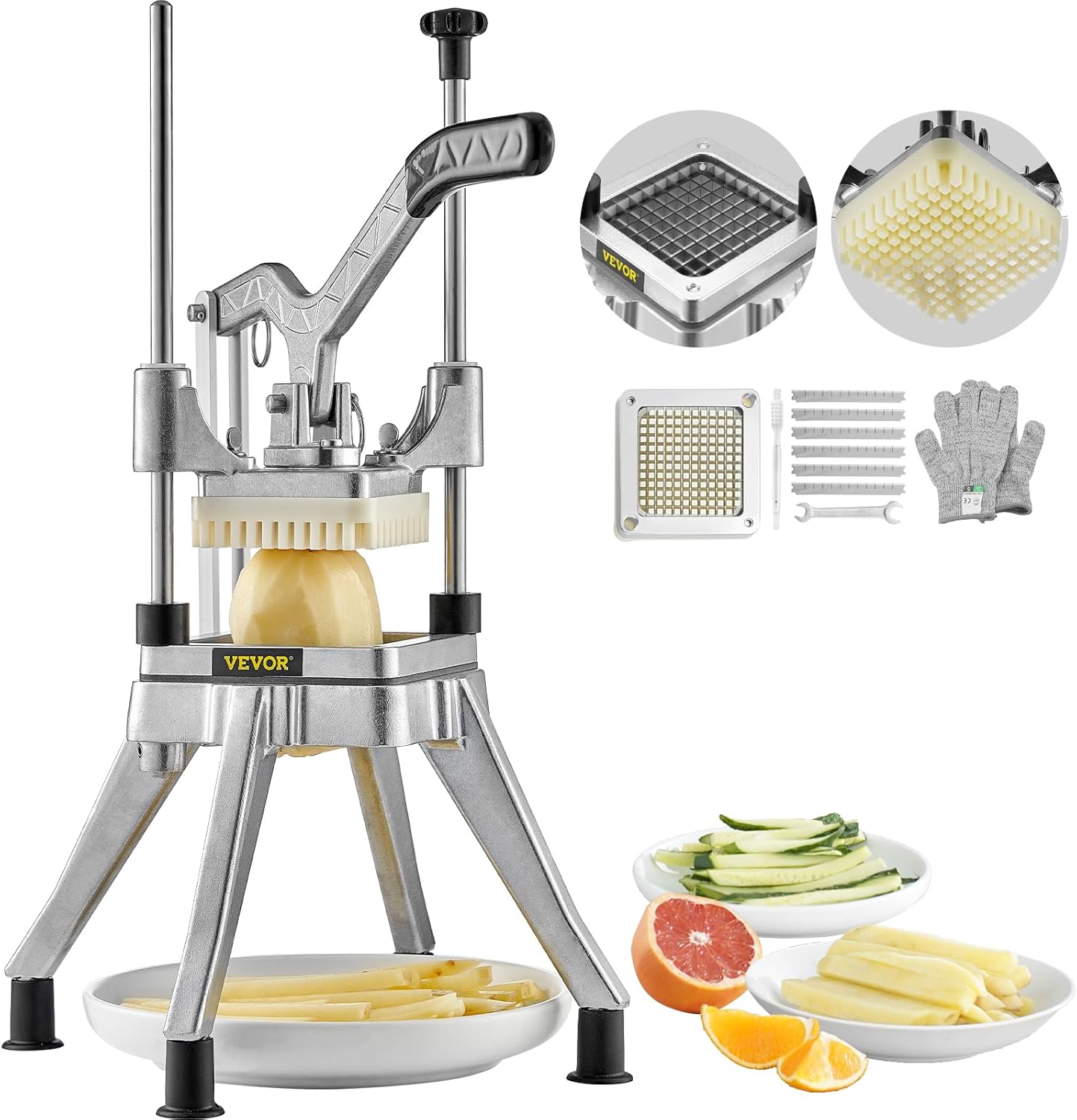 VEVOR Commercial Vegetable Fruit Chopper 1/4" Blade Heavy Duty Professional Food Dicer Kattex French Fry Cutter Onion Slicer Stainless Steel for Tomato Peppers Potato Mushroom