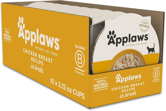 Applaws Natural Wet Cat Food in Broth, Limited Ingredient Cat Food Cups, Grain-Free, Cat Food Pots, No Artificials, 100% Natural Ingredient Cat Food, Chicken Breast in Broth (10 x 2.12 oz Cups)