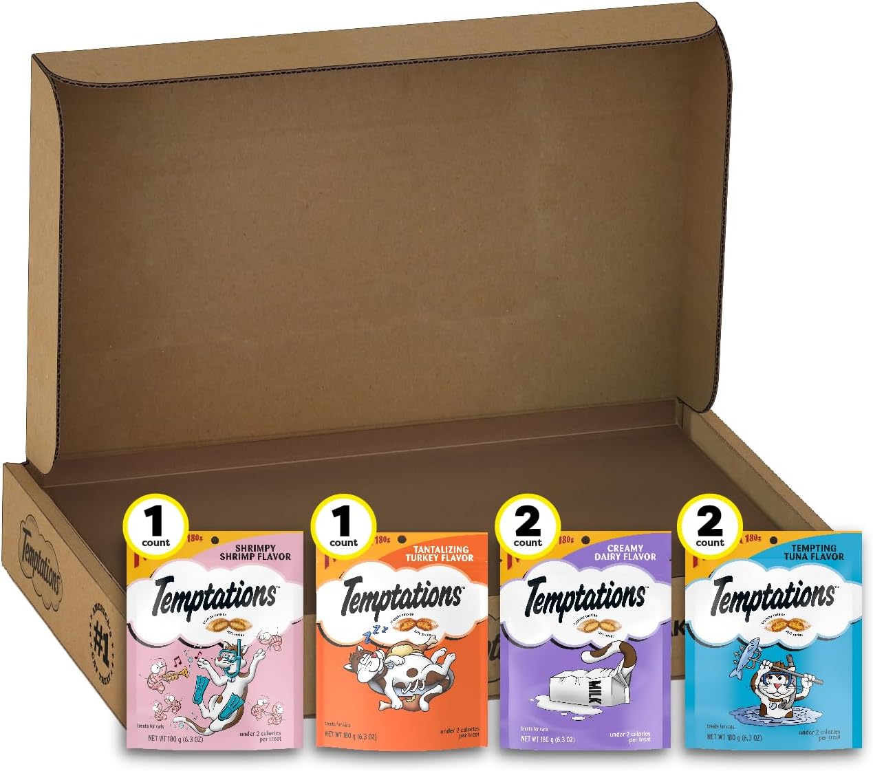 Temptations Classic Crunchy and Soft Cat Treats Variety Pack with Creamy Dairy, Tempting Tuna, Shrimpy Shrimp, and Tantalizing Turkey Flavors, (6) 6.3 oz. Pouches