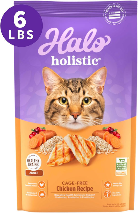 Halo Holistic Cat Food Dry, Cage-free Chicken Recipe, Complete Digestive Health, Dry Cat Food Bag, Adult Formula, 6-lb Bag