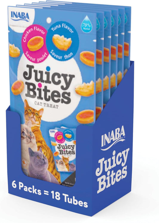 INABA Juicy Bites, Moist & Chewy Cat Treats with Vitamin E and Green Tea Extract, 0.4 Ounces per Pouch, 18 Pouches (3 per Bag), Tuna and Chicken