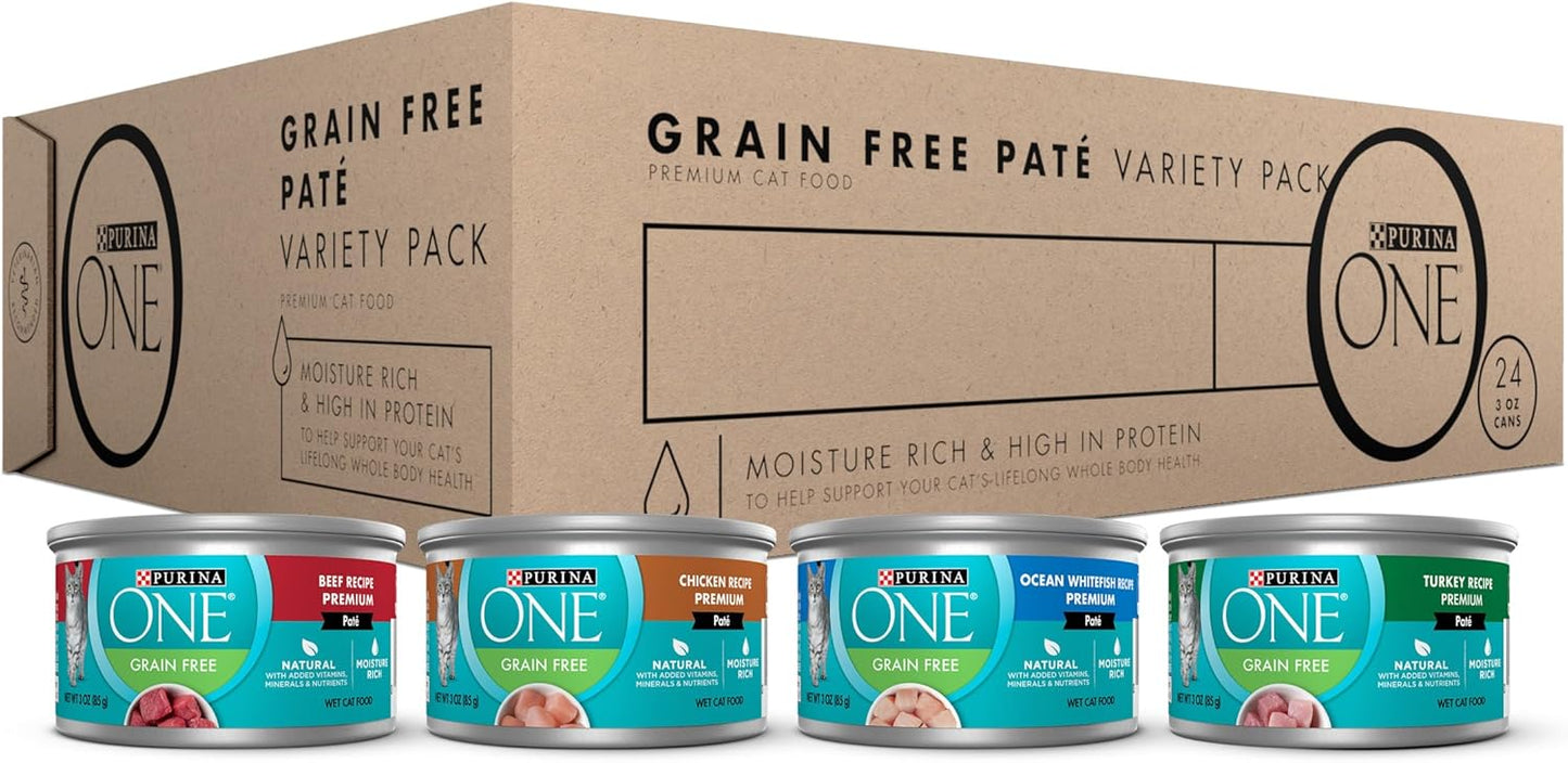 Purina ONE High Protein, Grain Free Pate Wet Cat Food Variety Pack, Grain Free Formula - (Pack of 24) 3 oz. Cans