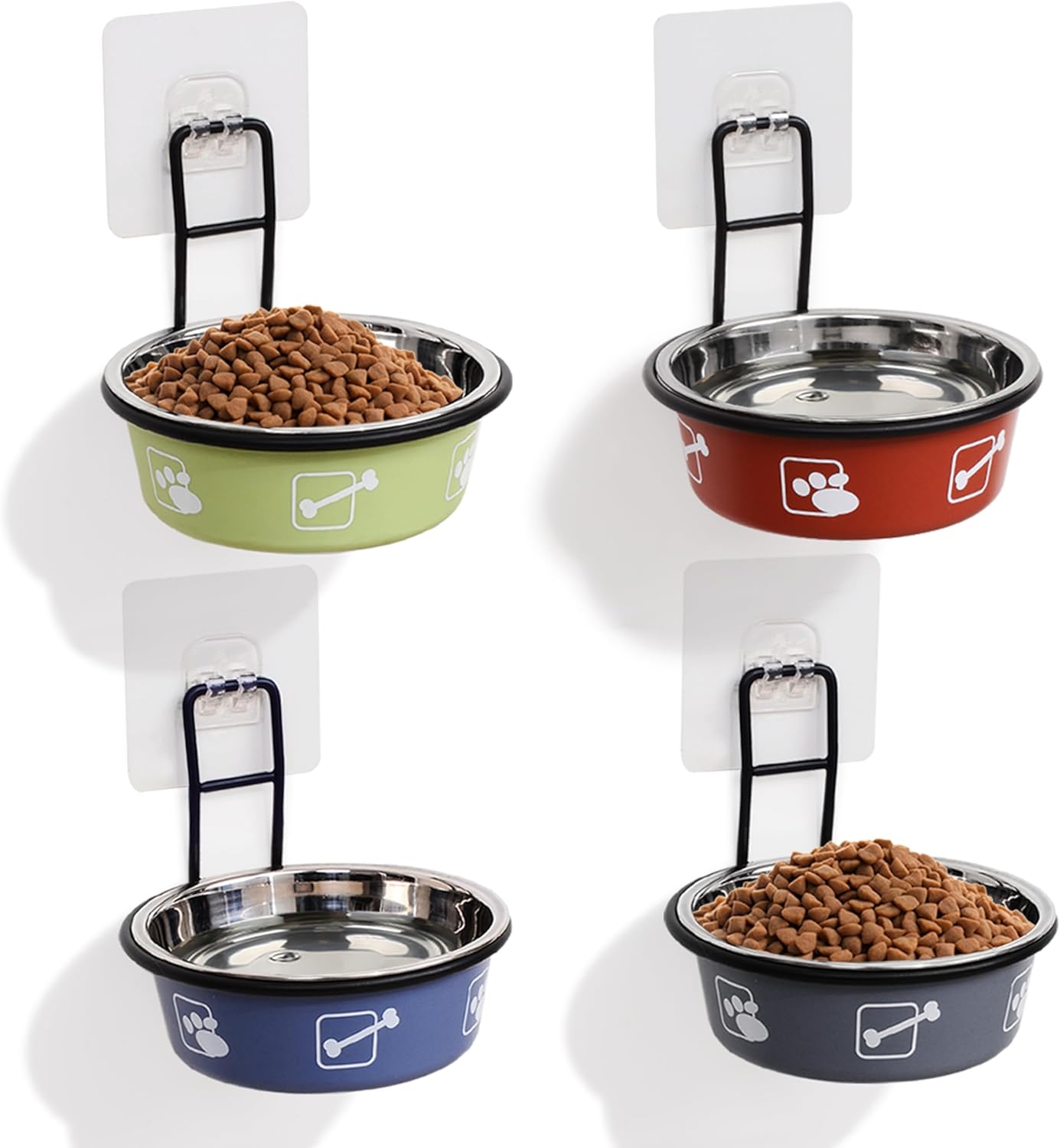 TRUNDISAN 4PCS Multi-Color Raised Cat Bowls, Wall Mounted Cat Food Dish, Elevated Cat Food and Water Bowls, Stainless Steel Hanging Pet Bowls with Stand, Nonslip Pet Feeding Bowls