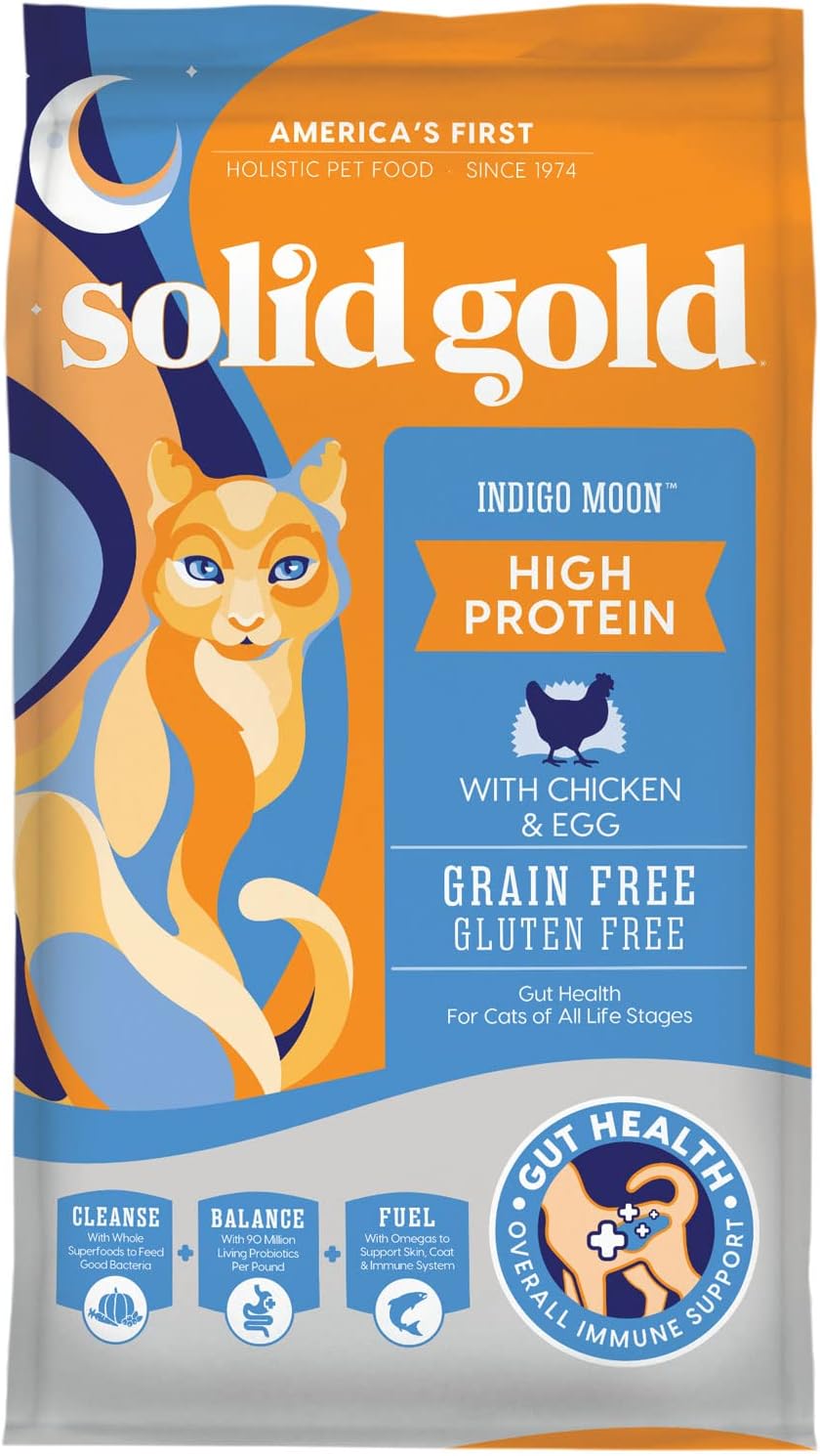 Solid Gold High Protein Dry Cat Food - Indigo Moon Cat Dry Food with Digestive Probiotics for Cats - Grain & Gluten Free with High Fiber & Omega 3 for Cats - Low Carb Superfood Meal - Chicken - 12lb