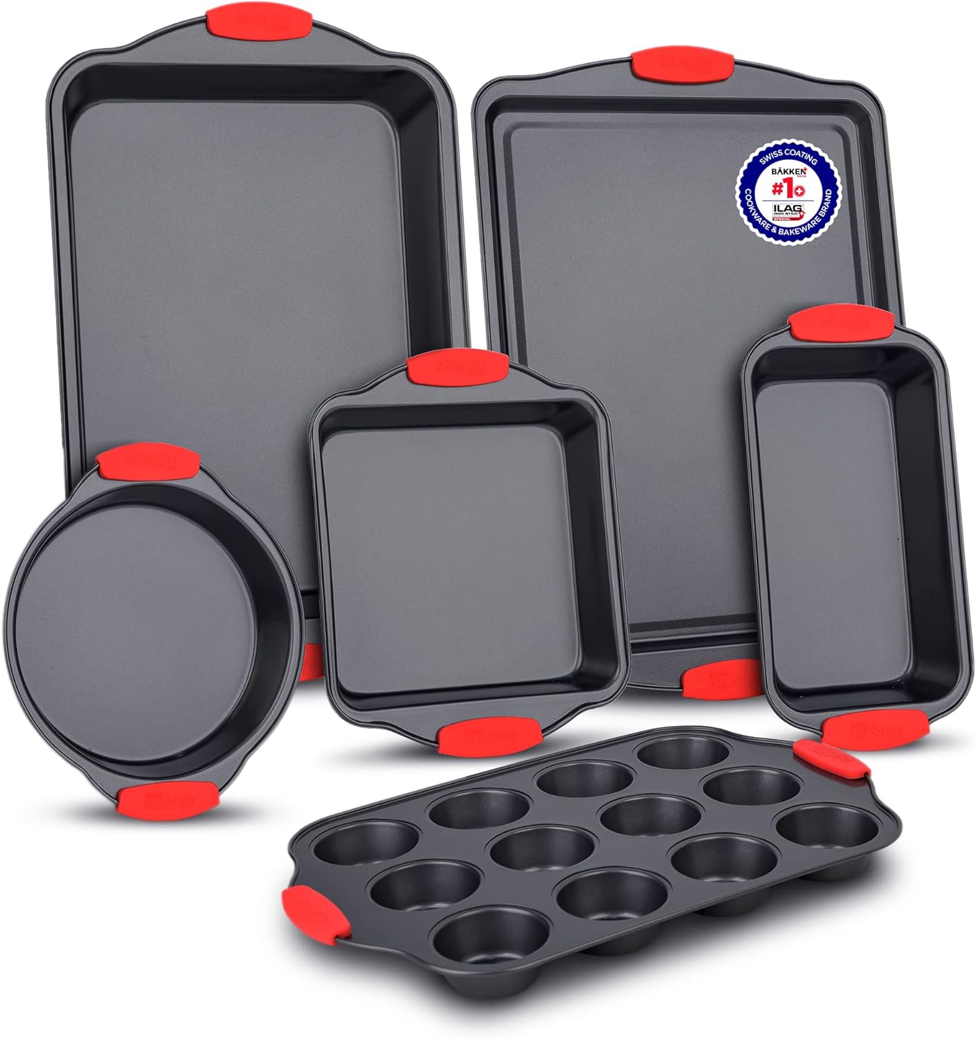 BAKKENMASTER Baking Set – 6 Piece Kitchen Oven Bakeware Set – Deluxe Non-Stick Black Coating Inside and Outside – Carbon Steel – Red Silicone Handles – PFOA PFOS and PTFE Free by Bakken