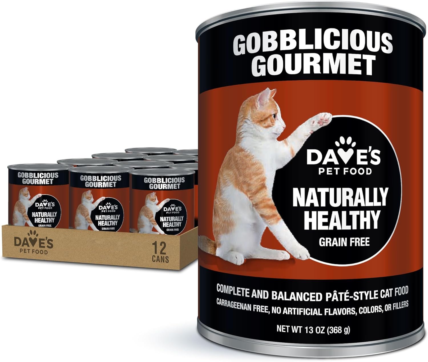 Dave's Pet Food Grain Free Wet Canned Cat Food (Pate, Gobblicious Gourmet), Made in USA Naturally Healthy Wet Cat Food, Added Vitamins & Minerals, Grain-Free, 13 oz Cans (Case of 12)