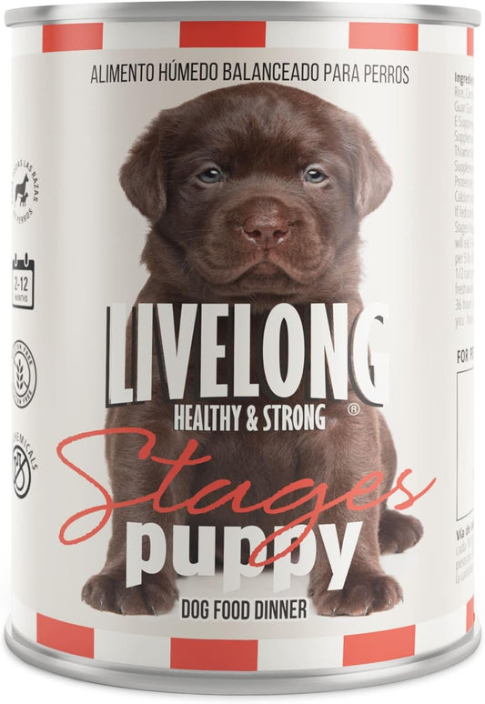 Livelong Healthy & Strong: 12 Pack: Stages Puppy - Chicken Meat, 12.5oz Cans, Wet Dog Food, High Protein, All Natural, No Preservatives, USA Made