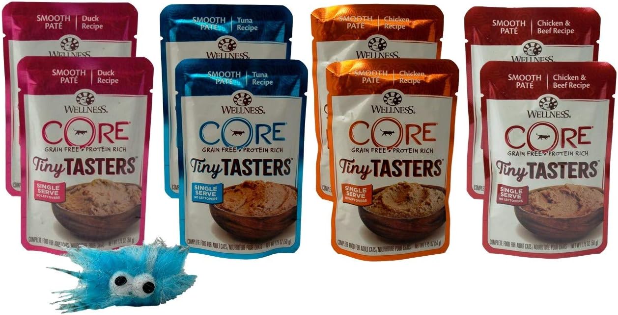 Wellness CORE Tiny Tasters Grain Free Cat Food 4 Flavor 8 Pouch Plus Catnip Toy Sampler Bundle, (2) Each: Duck, Tuna, Chicken, Chicken Beef, (1.75 Ounces)