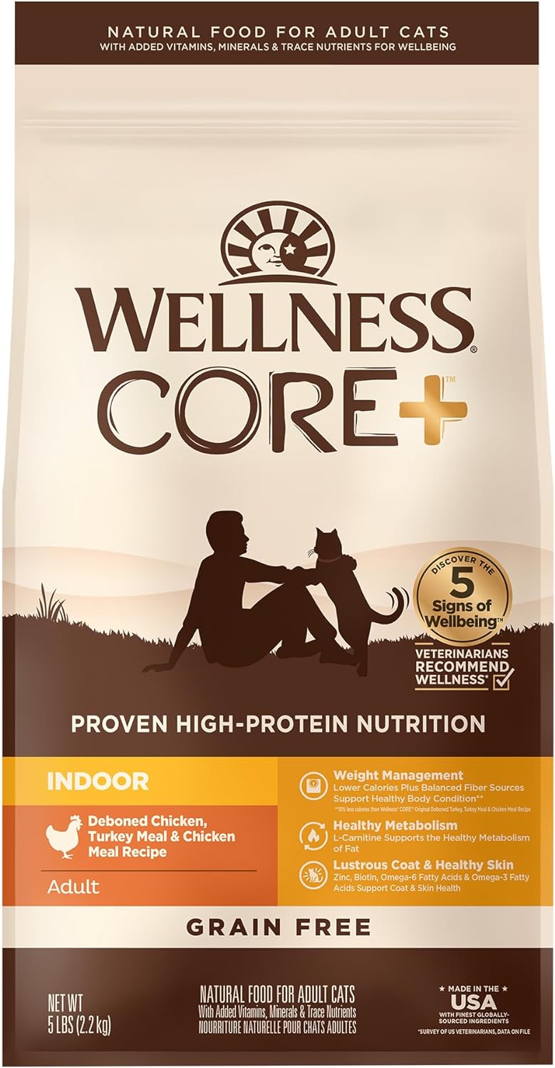 Wellness CORE+ Grain-Free High Protein Adult Dry Cat Food, Chicken, Turkey & Chicken Meal Indoor Formula Dry Cat Food, 5 Pound Bag