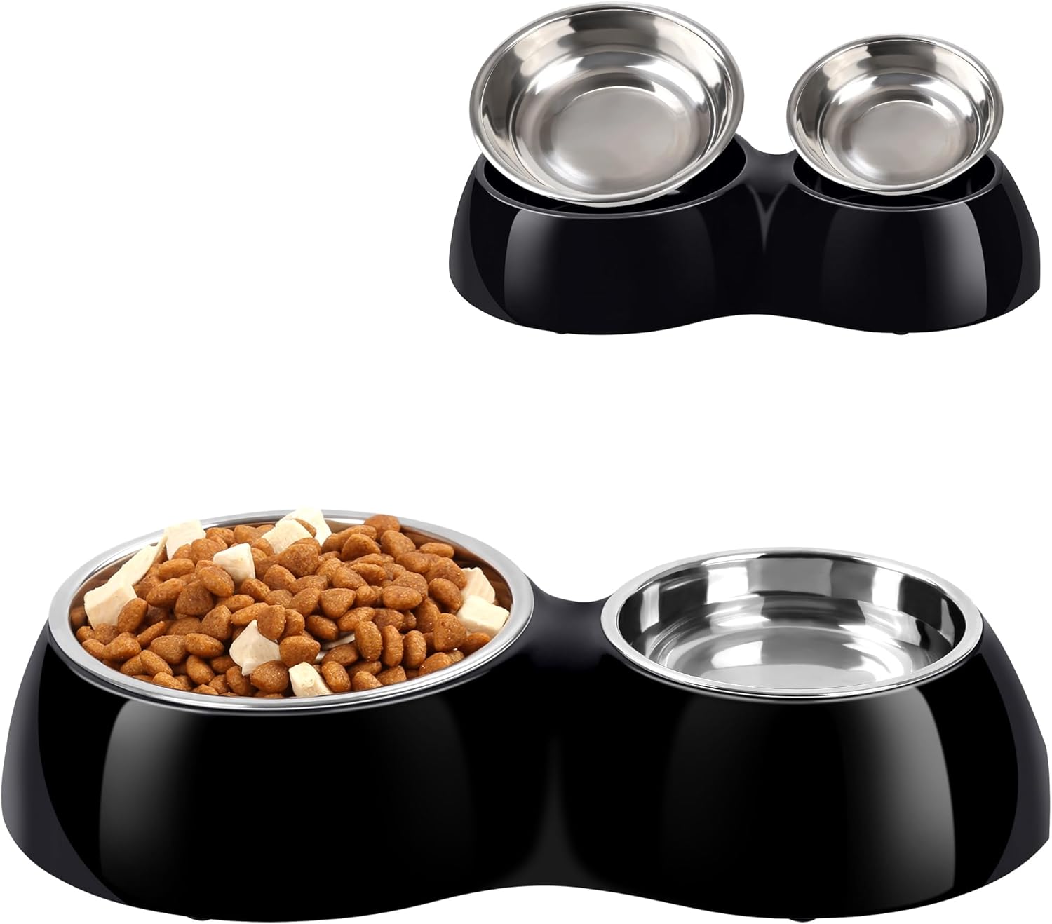 Petvillage Dog Bowls Double Dog Bowls and Food Bowls,Includes Medium (13.9 fl oz) & Large (29.8 fl oz) Bowls& Non-Slip Resin Station,Pet Feeder Bowls for Puppy Medium Dogs Cats- Black