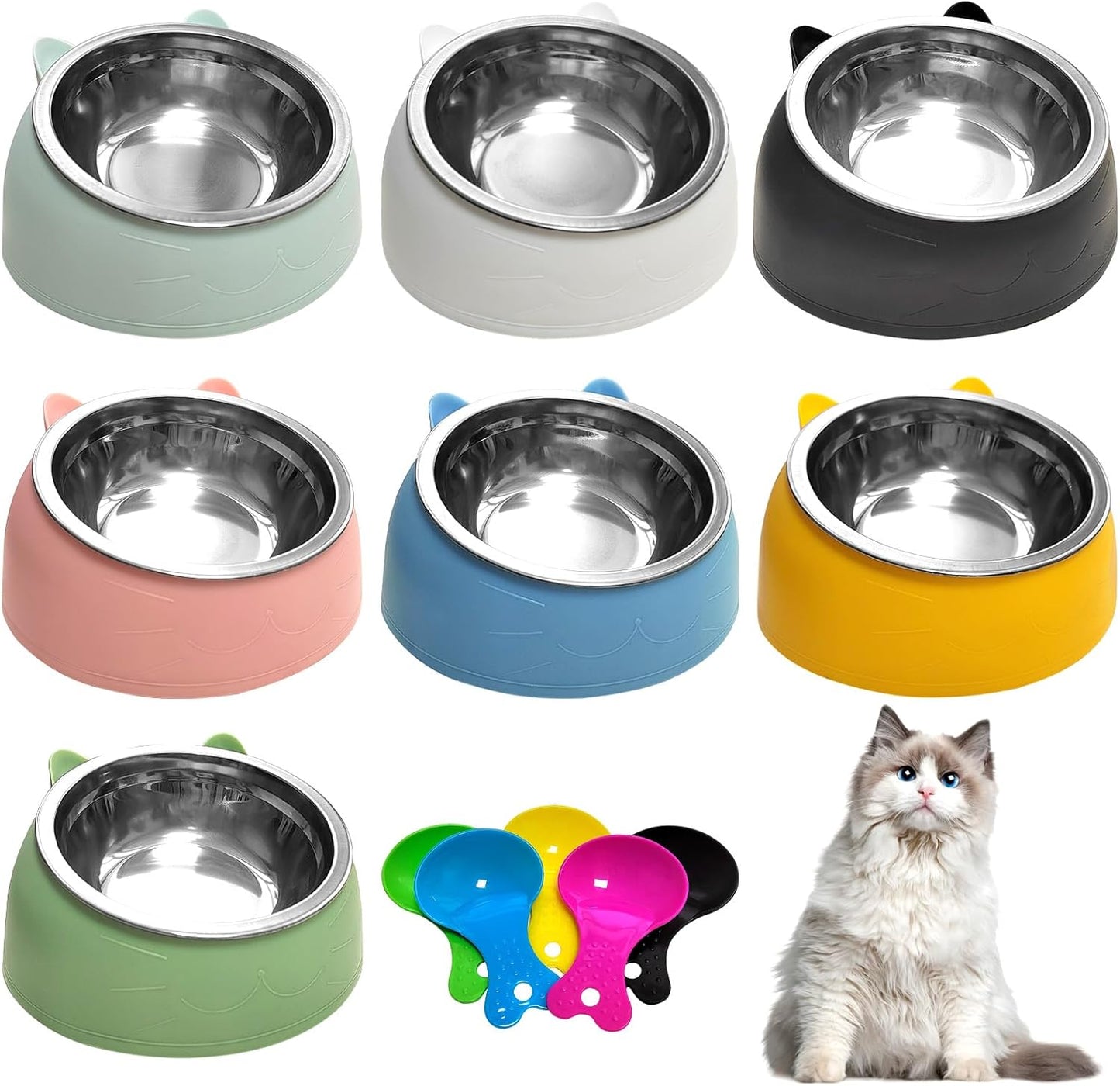 7 Pcs Raised Cat Food Bowl Stainless Steel Tilted Feeding for Little Cat Raised 15° Elevated Pet Dish for Kitten Puppy Anti-Slip Detachable Pet Stainless Steel Slope Base Food Bowl with 5 Food Scoop