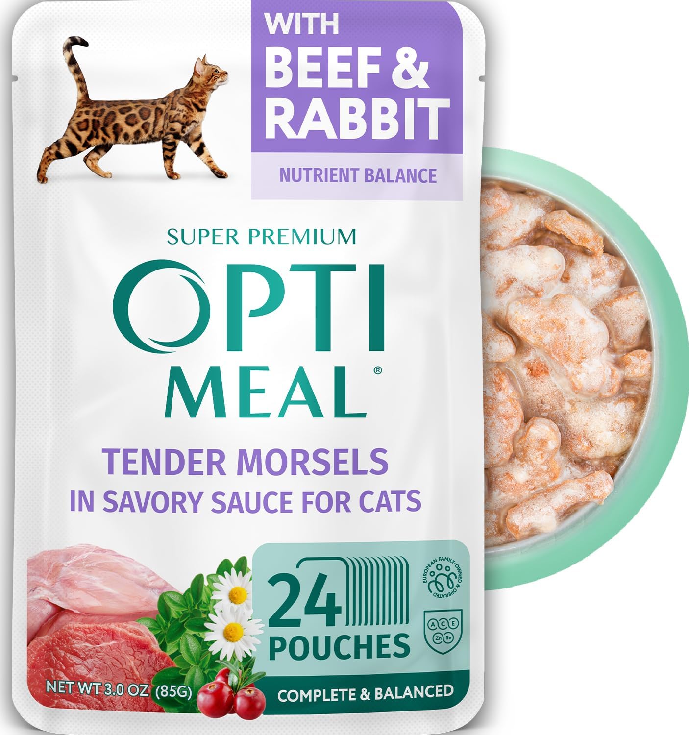 Optimeal Grain-Free Tender Morsels Cat Wet Food - Real Morsels, Balanced Recipe for Cats (4.5lbs, 24 Pouches) Beef & Rabbit