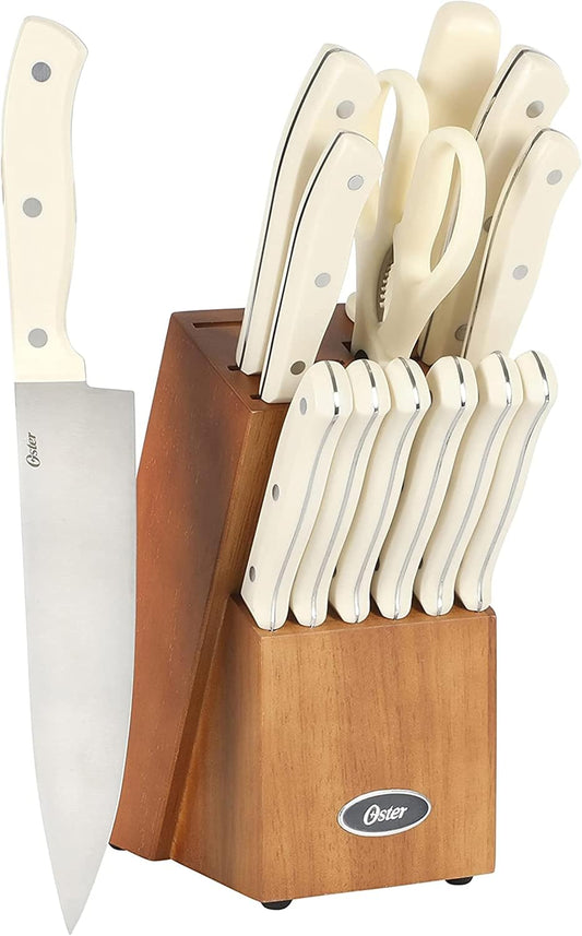 Oster Evansville 14 Piece Cutlery Kitchen Knife Block Set, Stainless Steel w\/Linen White Handles