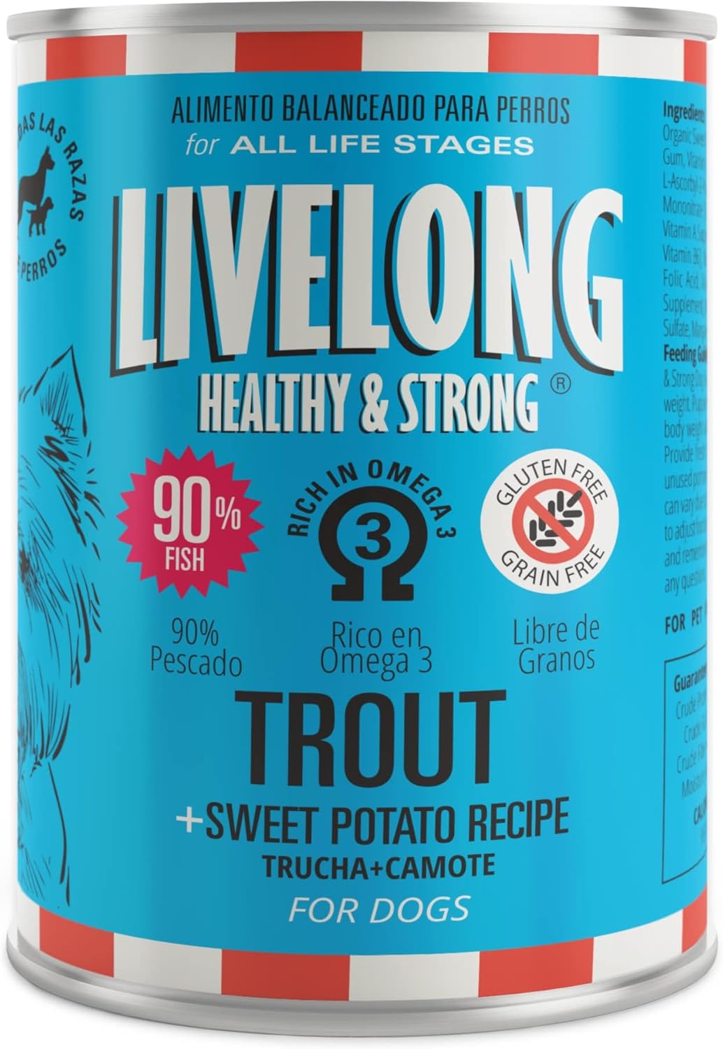 Livelong Healthy & Strong: 12 Pack: Trout & Sweet Potato Recipe - 12.5oz Cans, Wet Dog Food, High Protein, All Natural, No Preservatives, USA Made