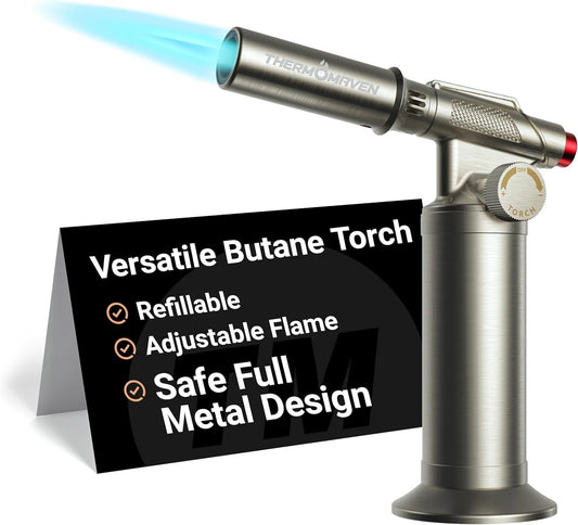 ThermoMaven Metal Butane Torch, Kitchen Torch Lighter, Refillable Cooking Blow Torch, Fit All Butane Tanks with Adjustable Flame for Culinary Food, Brulee, Baking, Soldering, DIY (Fuel Not Included)