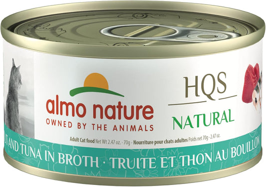 almo nature HQS Natural Trout & Tuna, Grain Free, Additive Free, Adult Cat Canned Wet Food, Flaked, Trout and Tuna, 24 x 70g/2.47 oz