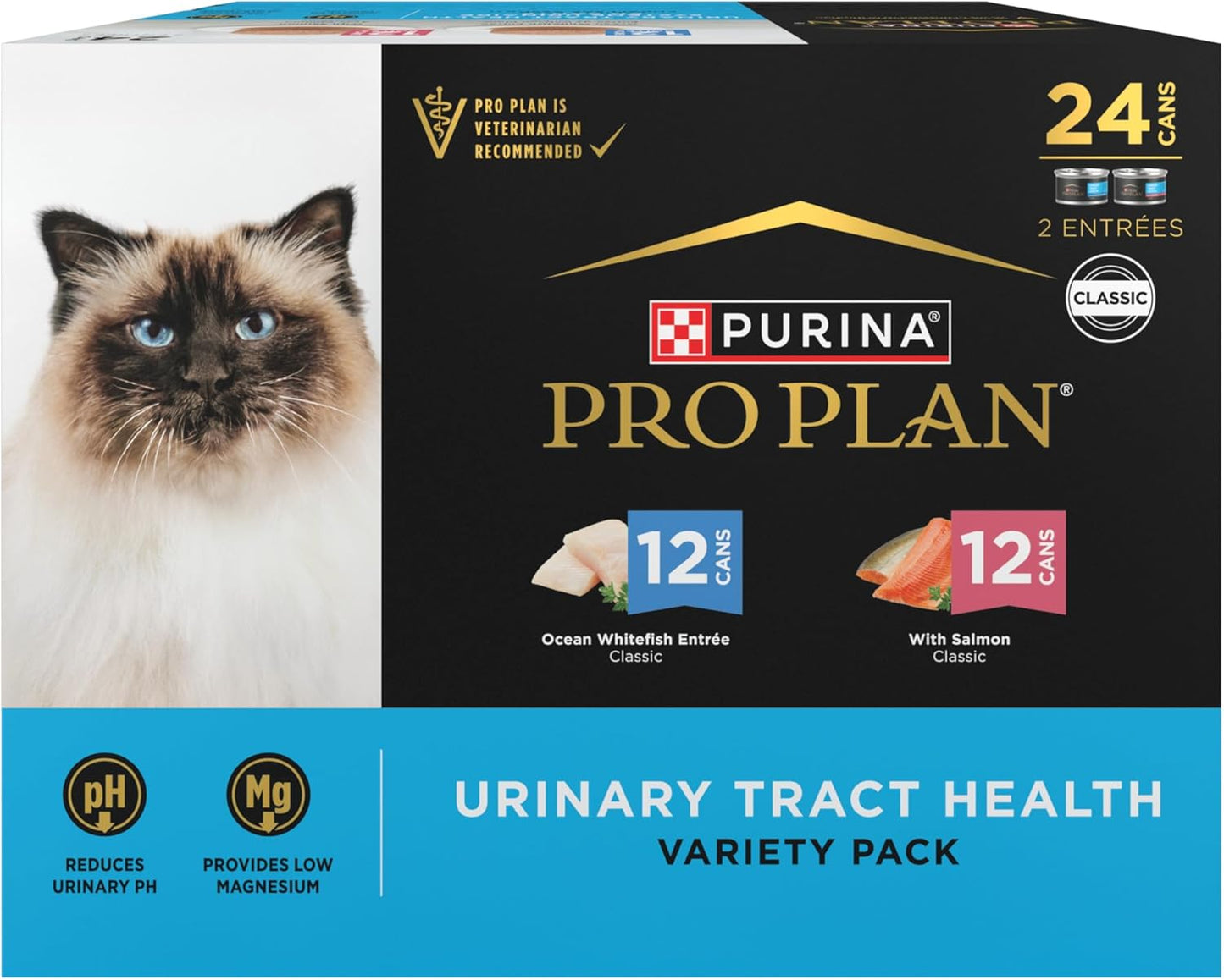 Purina Pro Plan Urinary Tract Health Pate Cat Food Variety Pack, Ocean Whitefish And With Salmon Entrees - (Pack of 24) 3 oz. Cans