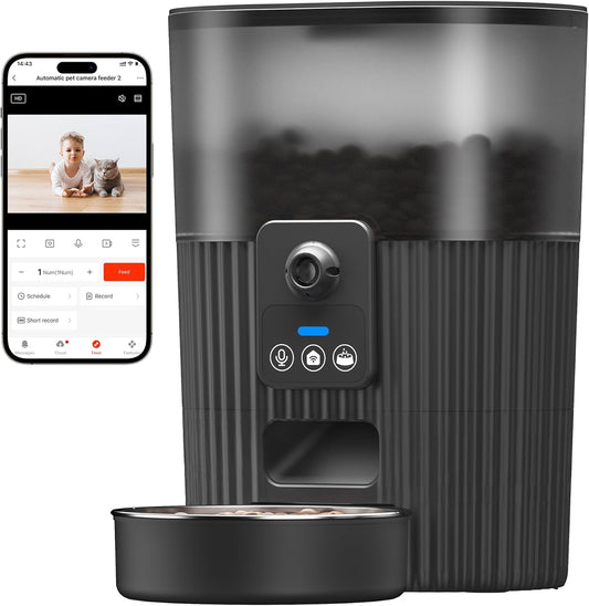 Automatic Cat Feeders with Camera, 5G WiFi Cat Feeder with 1080P HD Video Night Vision, Automatic Pet Feeders with 2-Way Audio, Motion & Sound Alerts, Voice & Video Record, Automatic Feeder with App