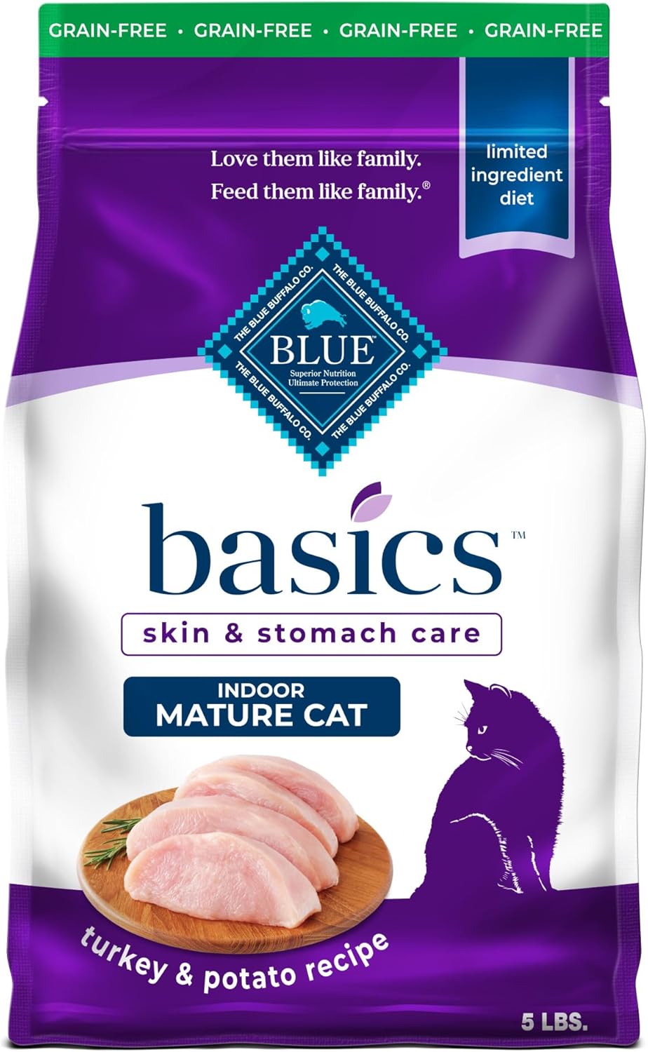 Blue Buffalo Basics Grain-Free Dry Cat Food, Skin & Stomach Care, Limited Ingredient Diet for Mature Indoor Cats, Turkey & Potato Recipe, 5-lb. Bag