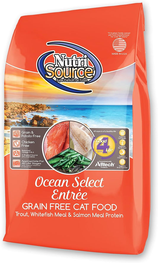 NutriSource Grain-Free Cat Food, Made with Ocean Select, Trout, Whitefish, and Salmon Meal, 15LB, Dry Cat Food