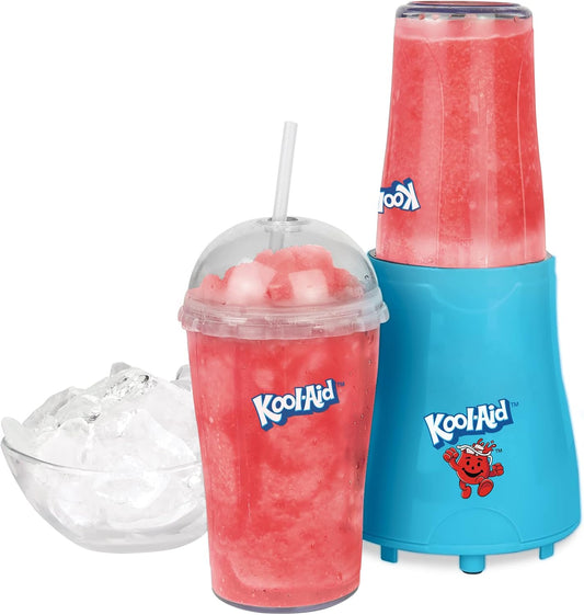 Nostalgia Kool-Aid Slush \u2018N Go Personal Blender for Smoothies, Slushies, Shakes, and Fruit Blends, Includes Two 15 Oz Travel Bottles, Cup Lid, and Reusable Straw, Blue