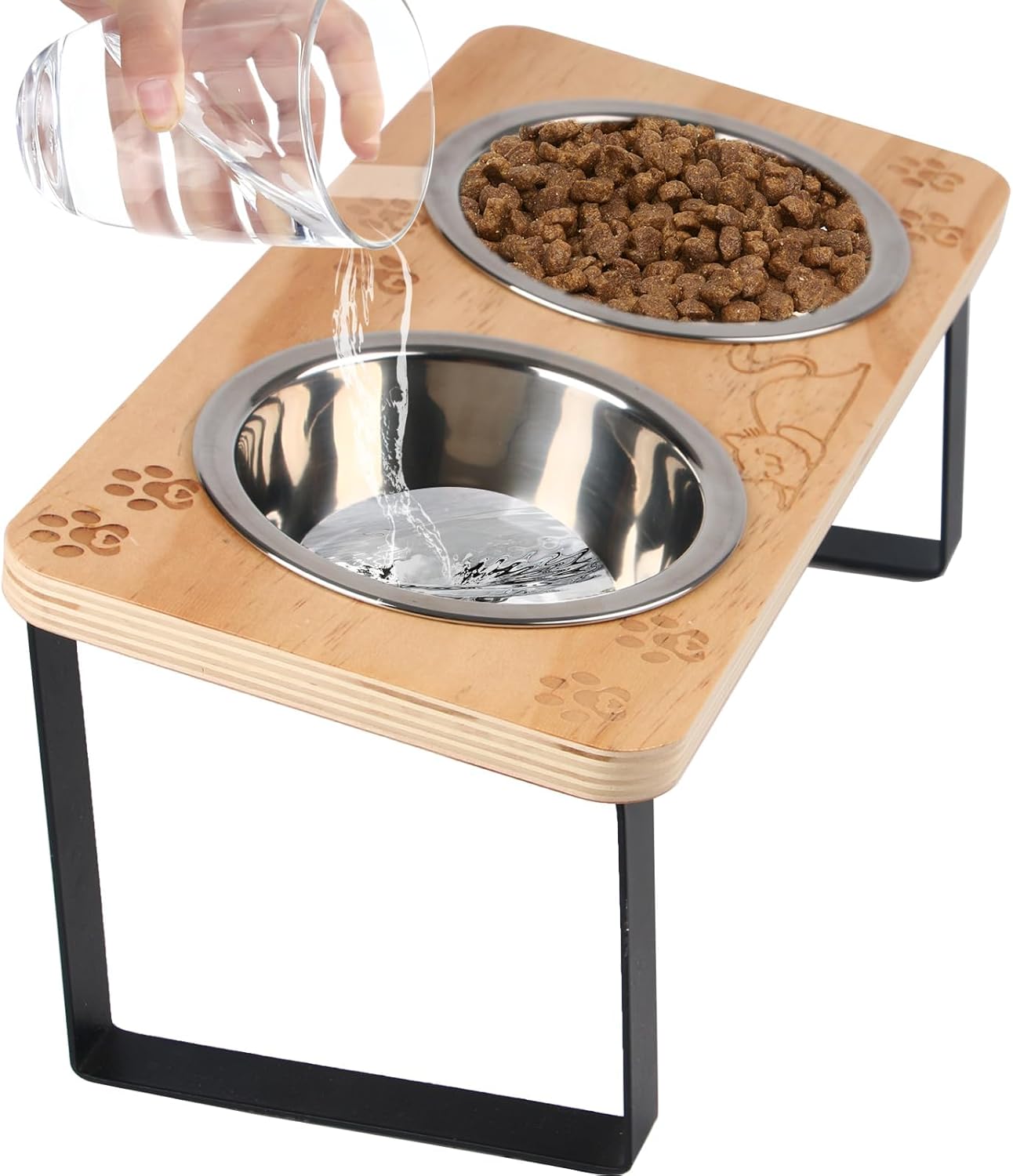 Elevated Cat Bowls 15° Tilted Raised Puppy Pet Food and Water Stainless Steel Bowl Pets Wood Stand Feeder with Pawprint Pattern, for Indoor Cats, Small Dog