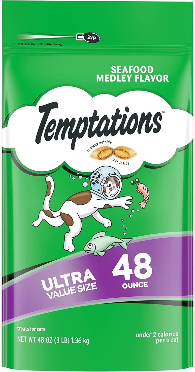 Temptations Classic Crunchy and Soft Cat Treats Seafood Medley Flavor, 48 oz. Pouch