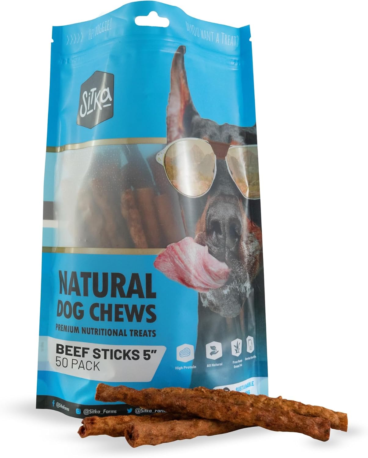 Sitka Farms Beef Sticks 5 Inch for Dogs - Crunchy Beef Premium Munchy Sticks - 50 Count - All Natural Beef Flavor Chews - for All Breeds