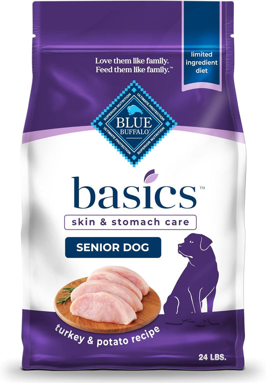 Blue Buffalo Basics Grain-Free Senior Dry Dog Food, Skin & Stomach Care, Limited Ingredient Diet, Turkey Recipe, 24-lb. Bag