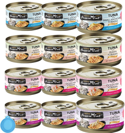 Fussie Cat Premium In Gravy Canned Grain Free Cat Wet Food - Variety Bundle 4 Flavors with HS Pet Food Lid (12 Cans) (Tuna & Ocean Fish- Tuna & Prawns- Tuna & Chicken- Tuna & Anchovies) (2.82 Oz Cans)