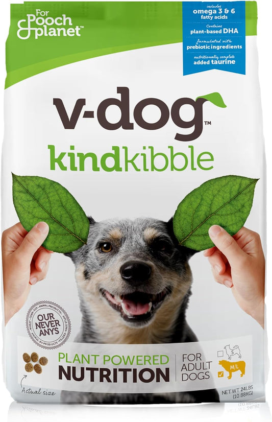 V-dog Vegan Kibble Dry Dog Food (24 LB) | Plant Based Protein with Added Taurine for Sensitive Stomach and Skin | Adult Dog Food | Vegetarian Superfood | Made in US