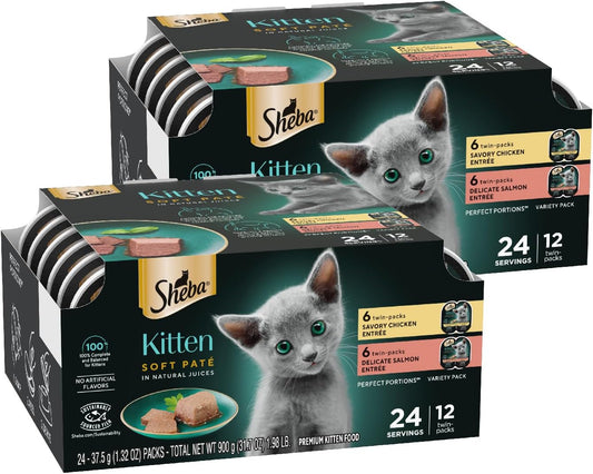 Sheba Perfect Portions Kitten Wet Cat Food Pate Chicken Entree and Salmon Entree, 2.6 oz. Twin-Pack Trays (12 Count, 24 Servings) (Pack of 2)