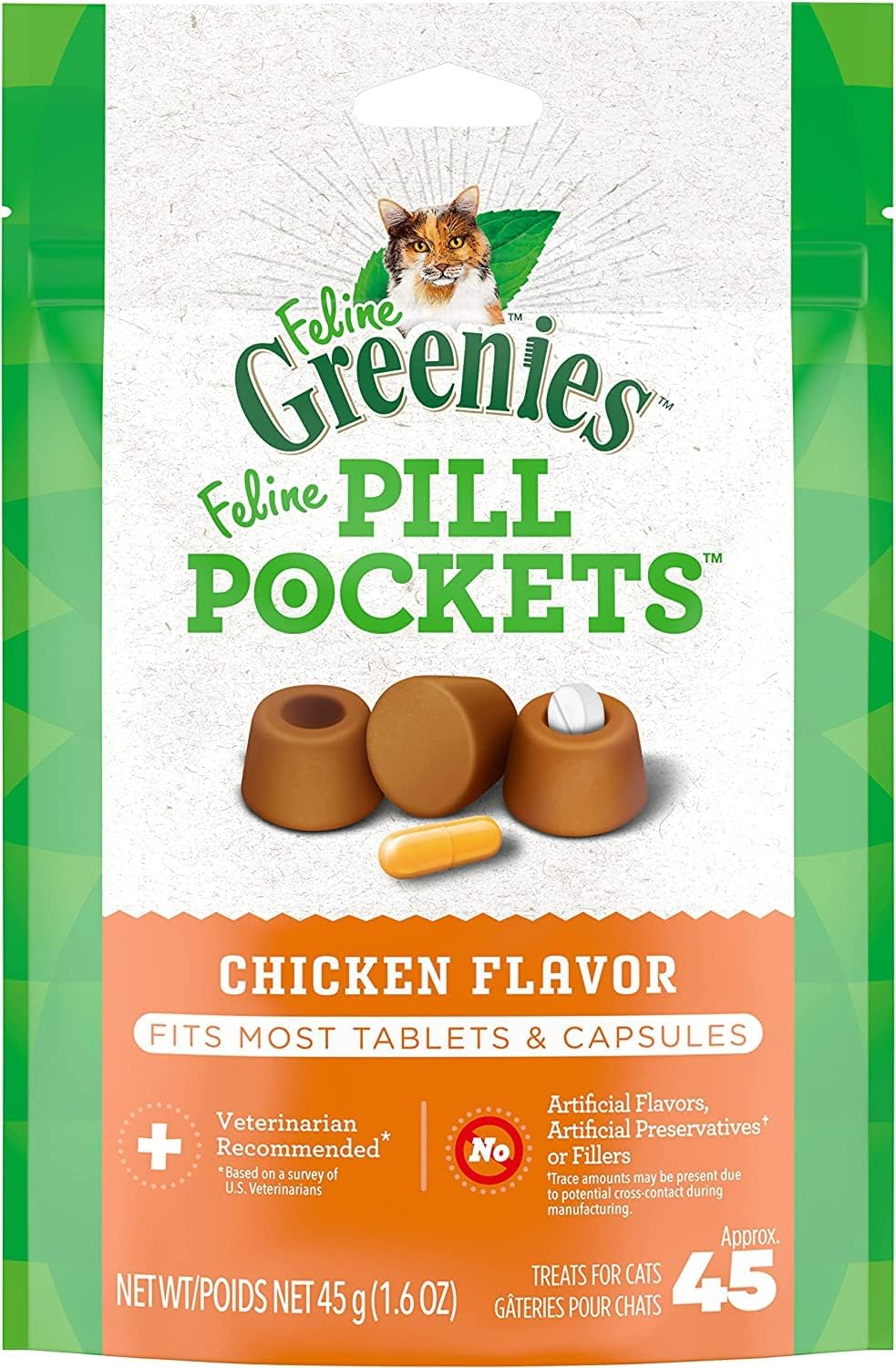 Feline Greenies Pill Pockets Cat Treats Chicken, 45 Treats, 1.6 Oz. (Pack Of 6)