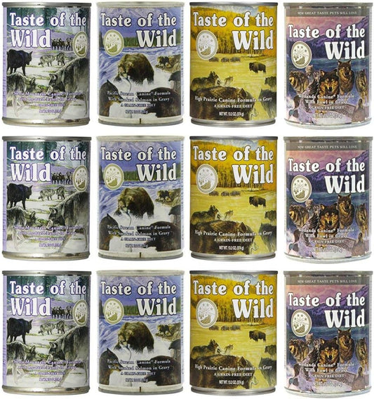 Taste of the Wild Grain-Free Canned Dog Food Variety Pack - Wetlands, Pacific Stream, High Prairie, and Sierra Mountain Pack of 12, 13.2 ounce cans by Taste of the Wild