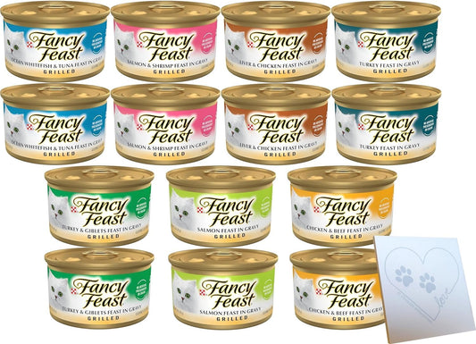 Grilled Variety Pack for for Purina-Fancy-Feast - 7 Total Flavors: Salmon, Turkey, Shrimp & Salmon, Liver & Chicken, Fish & Tuna, Chicken & Beef, and Turkey and Giblets (3oz Each, 14 cans Total)