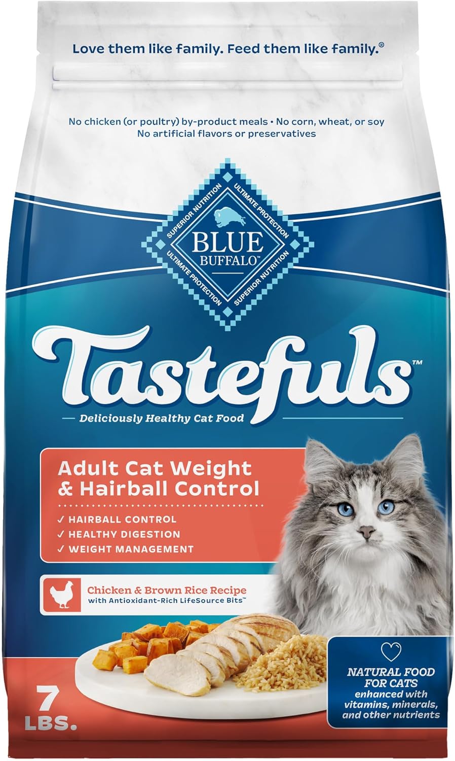 Blue Buffalo Tastefuls Adult Dry Cat Food for Weight Management & Hairball Control, Made in the USA with Natural Ingredients, Chicken Recipe, 7-lb Bag