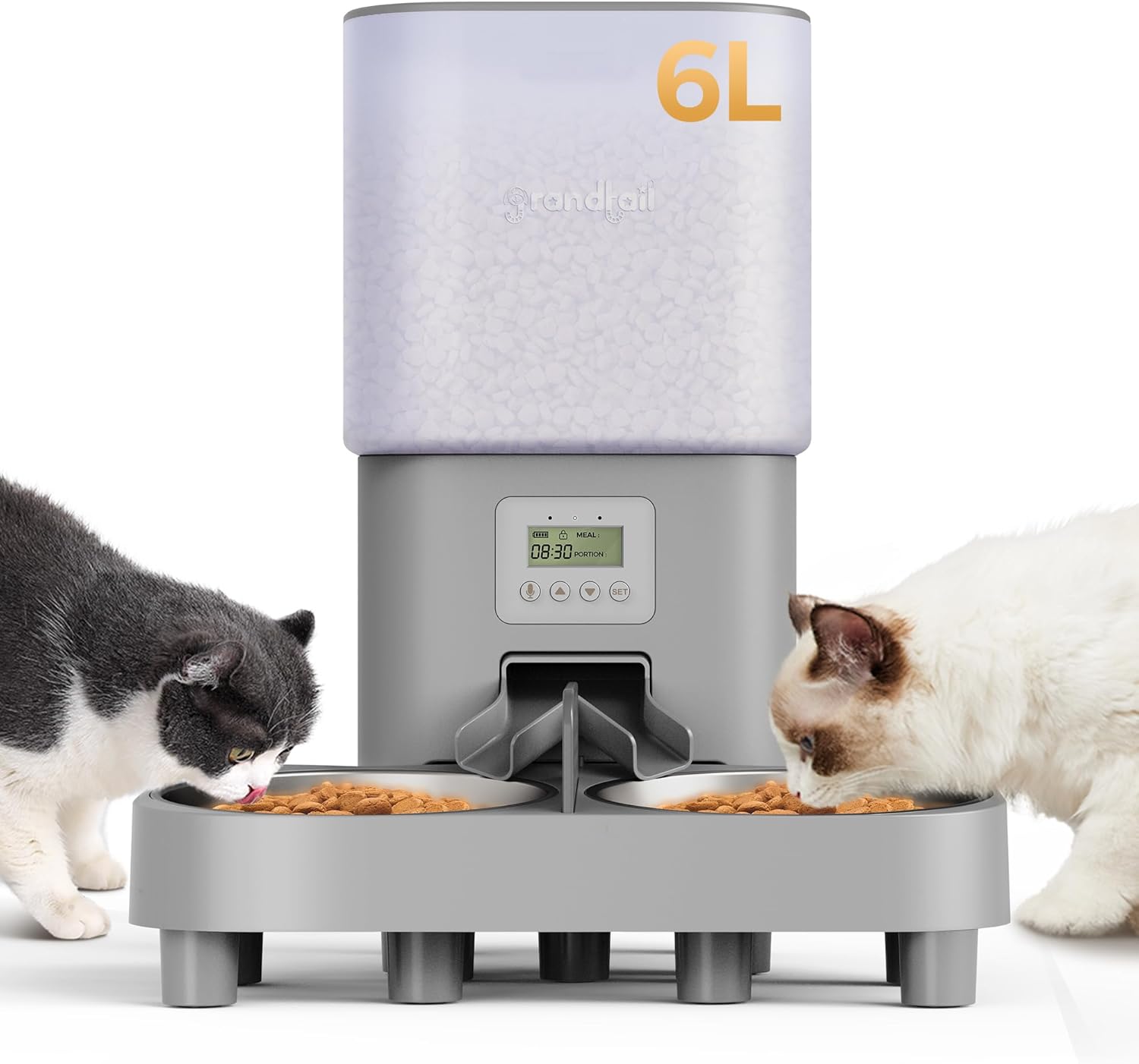 Automatic Cat Feeder, 6L \/25 Cup Elevated Cat Food Dispenser with 2 Stainless Bowls, Timed Programmable Pet Feeder for 2 Cats & Dogs, Dual Power Supply,10s Meal Call,4 Meals per Day