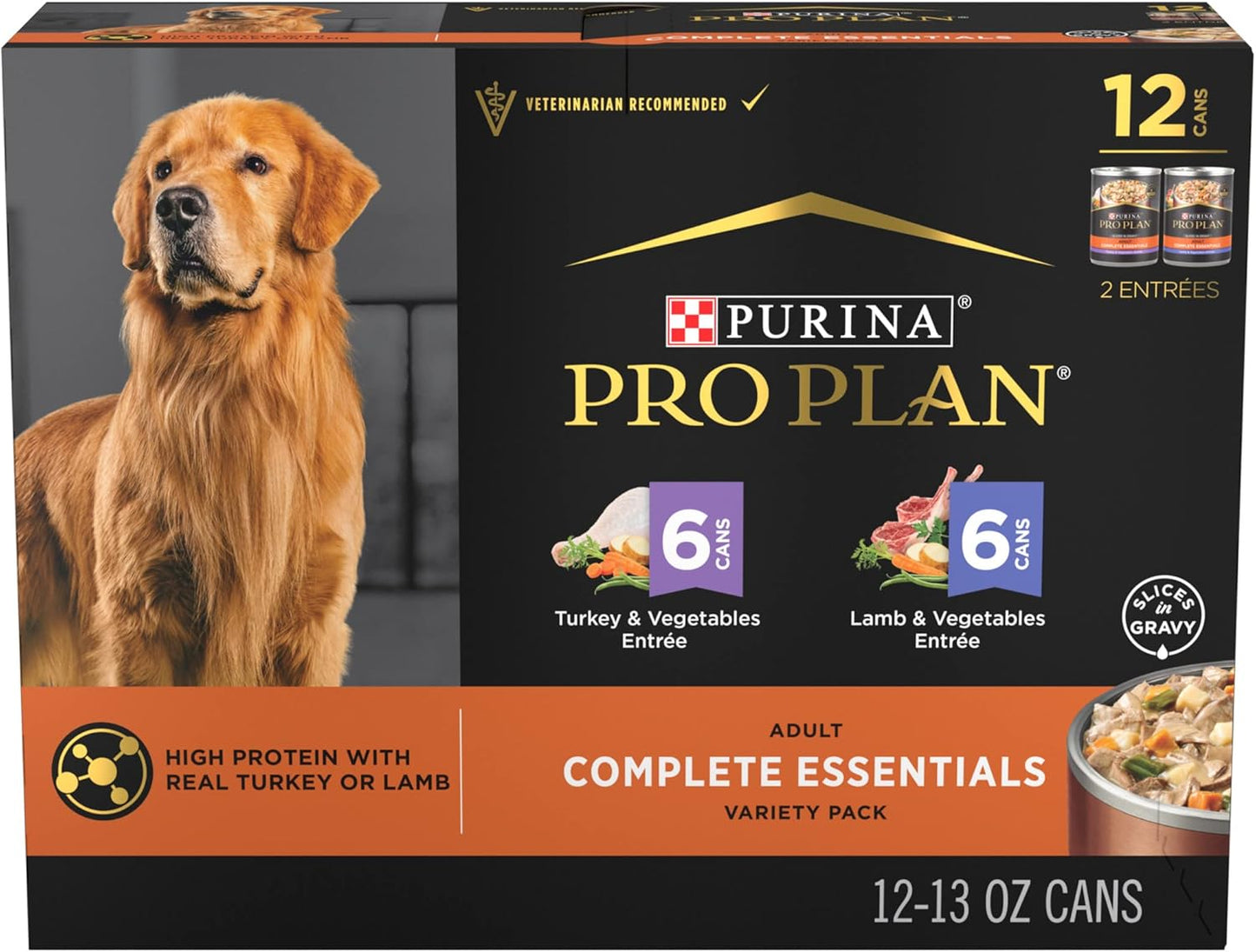 Purina Pro Plan Complete Essentials Lamb and Vegetables and Turkey and Vegetables Slices in Gravy 12ct High Protein Wet Dog Food Variety Pack - (Pack of 12) 13 oz. Cans