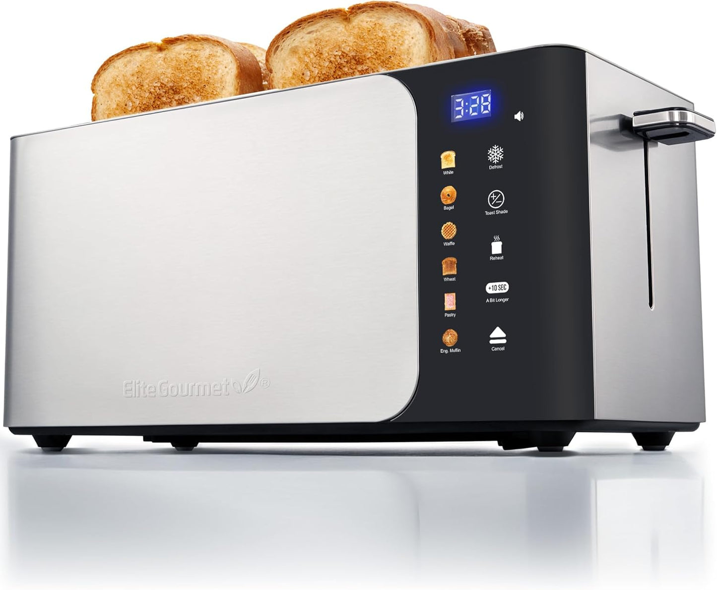 Elite Gourmet ECT5924D SmartToast Digital Long Slot 4 Slice Toaster, 1.5\u201D Wide Slots for Thick Breads & Bagel Function, LED Touch Screen, Countdown Timer, 6 Shades, Stainless Steel