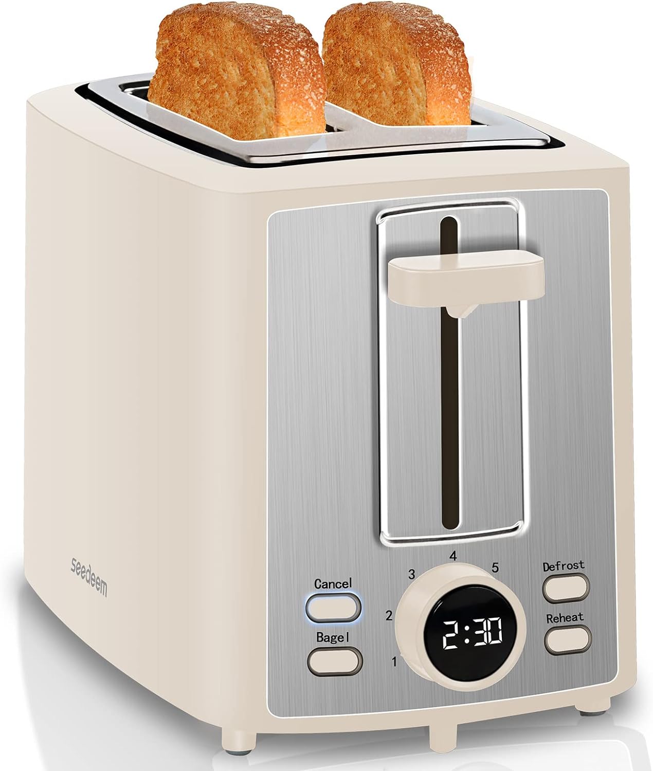 SEEDEEM Toaster 2 Slice, Bread Toaster with LCD Display, 7 Shade Settings, 1.４'' Extra Wide Slots Toaster with Cancel, Bagel, Defrost, Reheat Functions, Removable Crumb Tray, 900W, Cream White