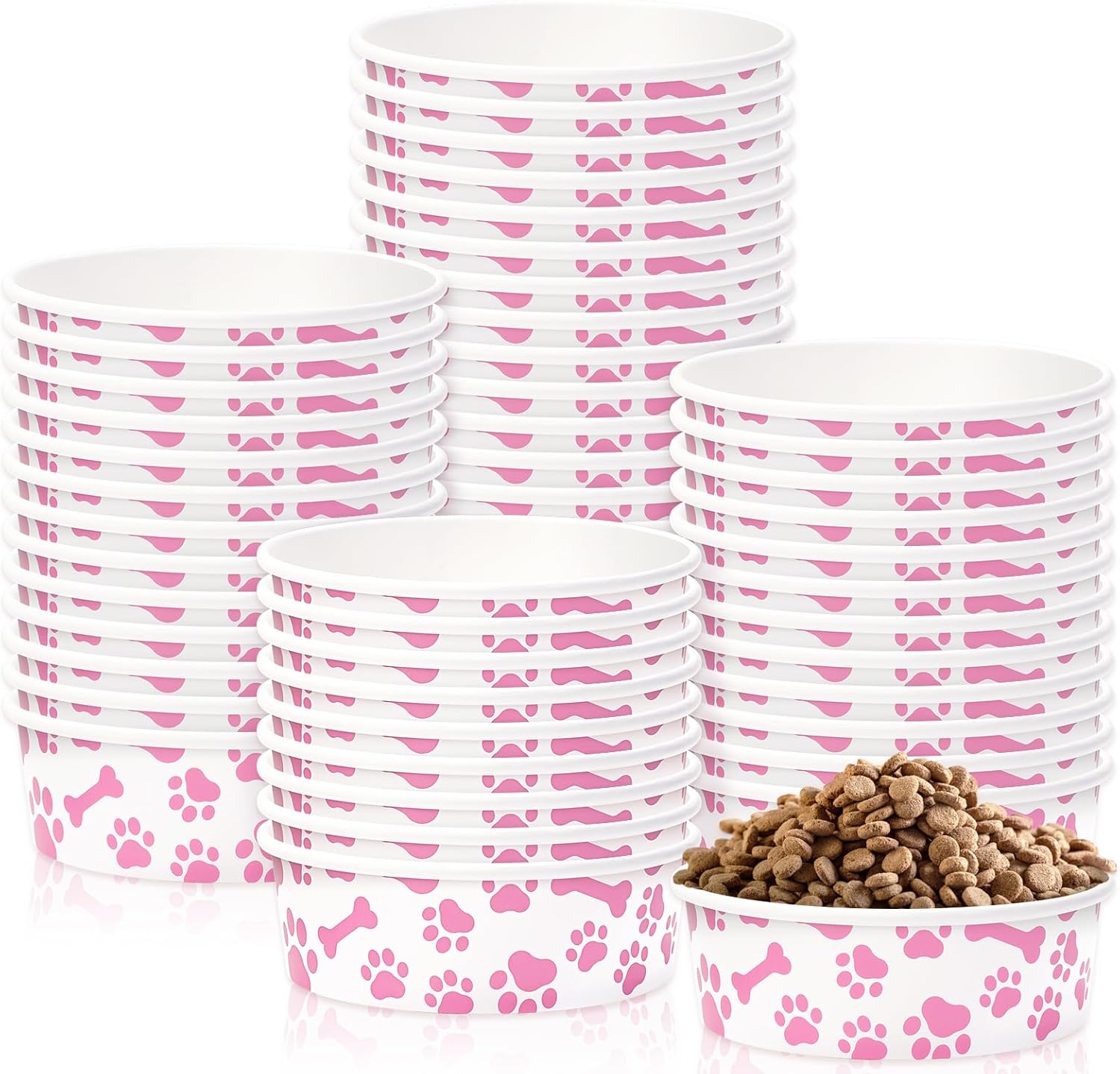 Whaline 50Pcs Pet Disposable Feeding Bowls Pink White Paper Dog Bowls Small Dog Dish 16oz 2 Cup Pet Food Bowls Serving Food Tray for Puppy Cat Travel Wet Dry Food Water