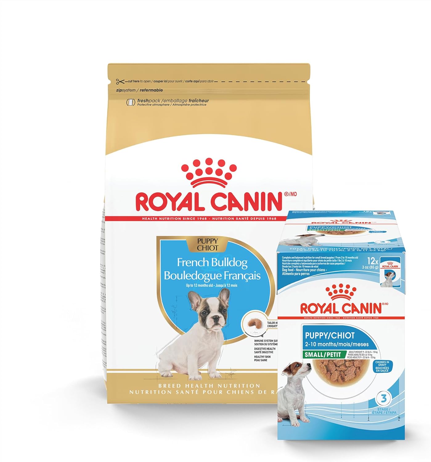 Royal Canin Breed Health French Bulldog Puppy Dry Dog Food, 3 lb Bag Size Health Nutrition Small Puppy Chunks in Gravy Wet Dog Food, 3 oz Pouch (12-Count)