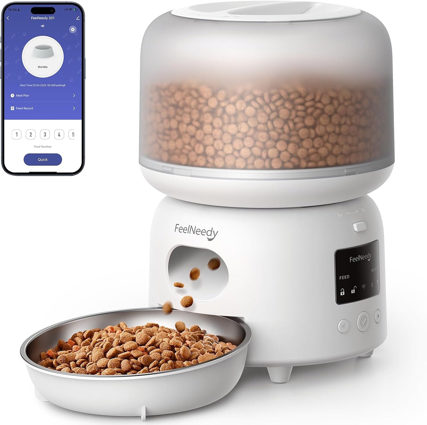 Automatic Pet Feeder, FEELNEEDY 3L WiFi Food Dispenser for Cats and Dogs with 304 Stainless Steel Feeding Bowl, Up to 36 Portions 10 Meals Per Day, App Control\/2.4G WiFi Spport