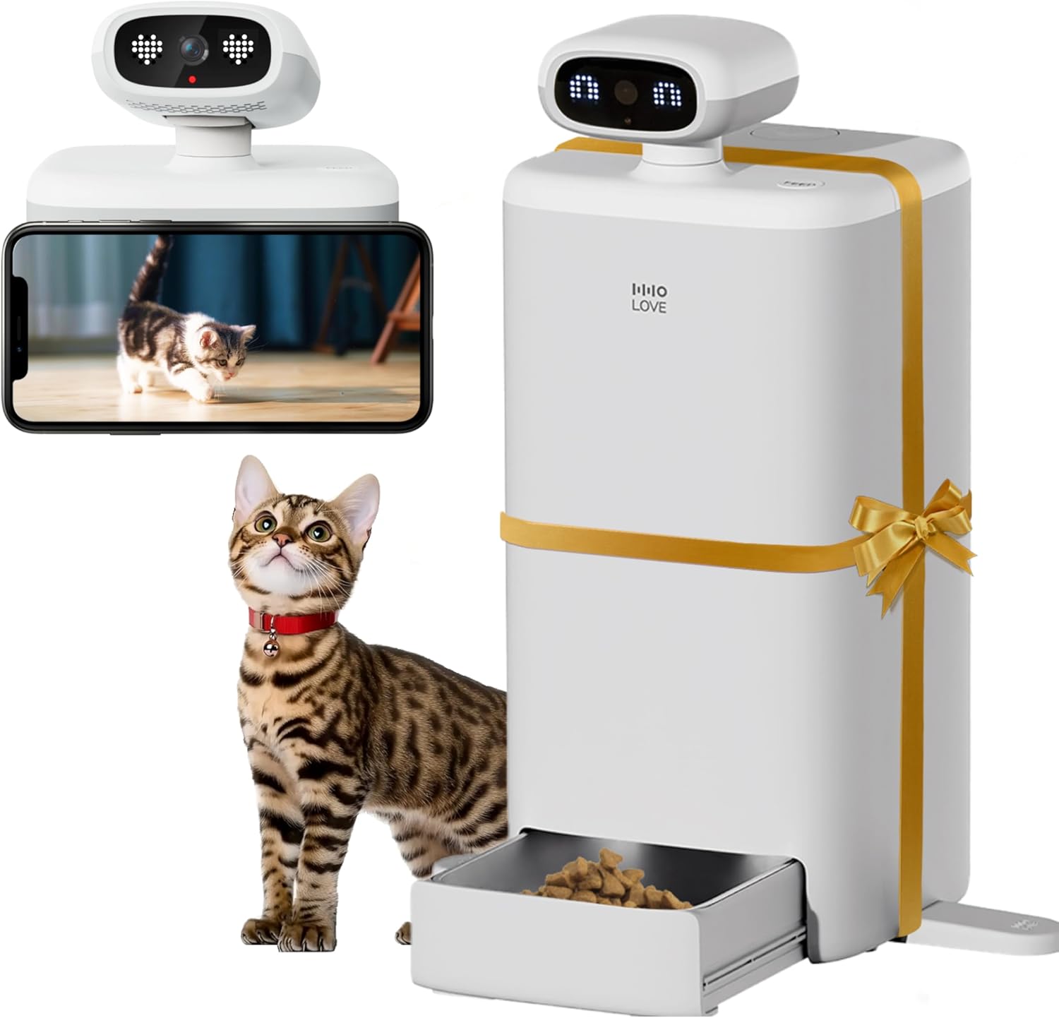 HHOLOVE Automatic Cat Feeder with Camera, 2k HD Video Night Vision, 5G Pet Feeder with 2-Way Audio, Cat Food Dispenser with Low Food Alert and Blockage Sensor, Non-Subscription Version