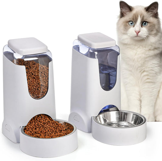 Cedilis Automatic Cat Feeder and Water Dispenser with Stainless Steel Bowl, 1 Gallon Dog Gravity Food Feeder and Waterer Set, Self Feeding Pet Food Dispenser for Cat Dog Puppy Kitten