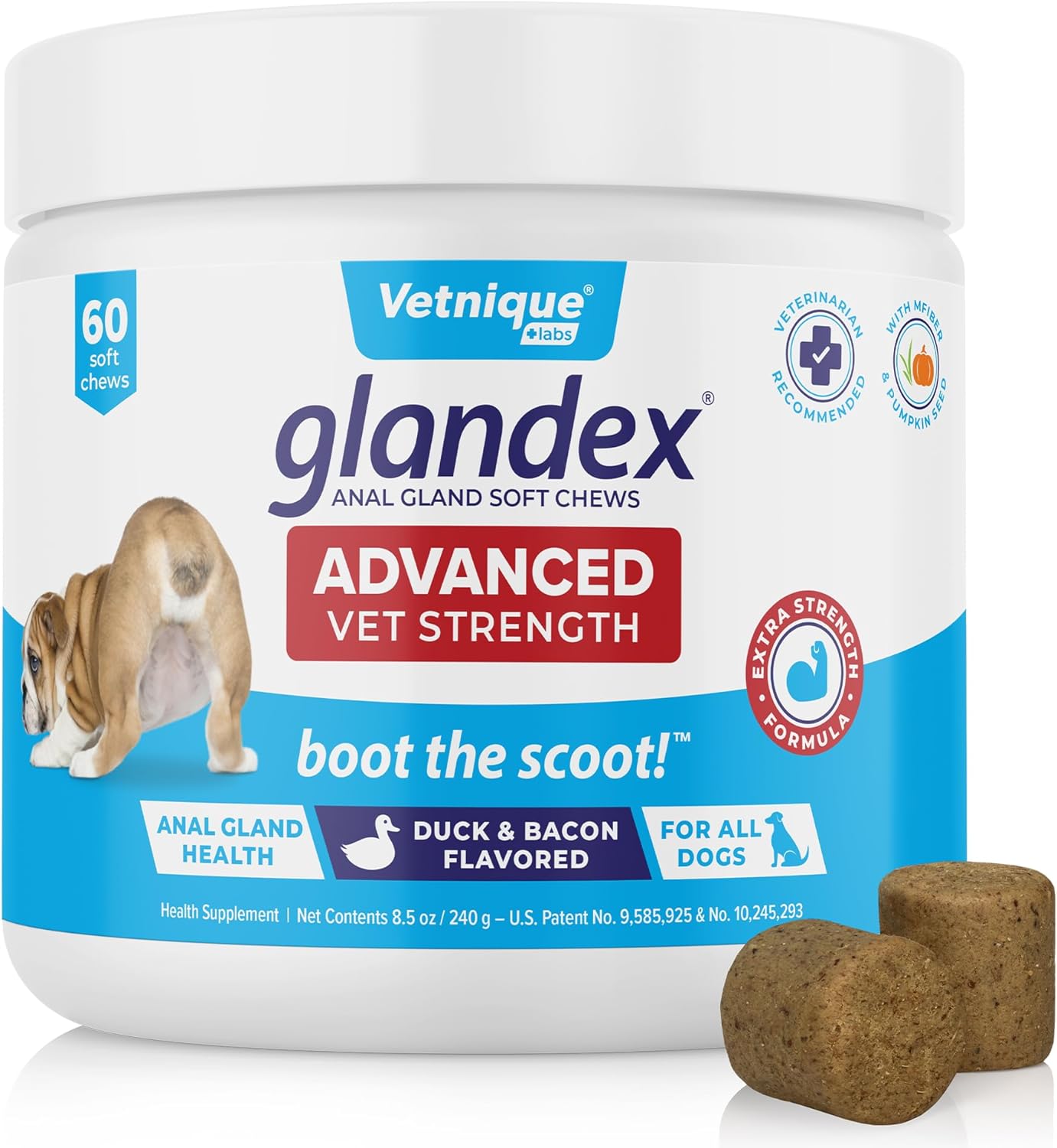 Glandex Anal Gland Soft Chew Treats with Pumpkin for Dogs Digestive Enzymes, Probiotics Fiber Supplement for Dogs Boot The Scoot (Advanced Strength Duck\/Bacon Chews (Vegetarian), 60ct)