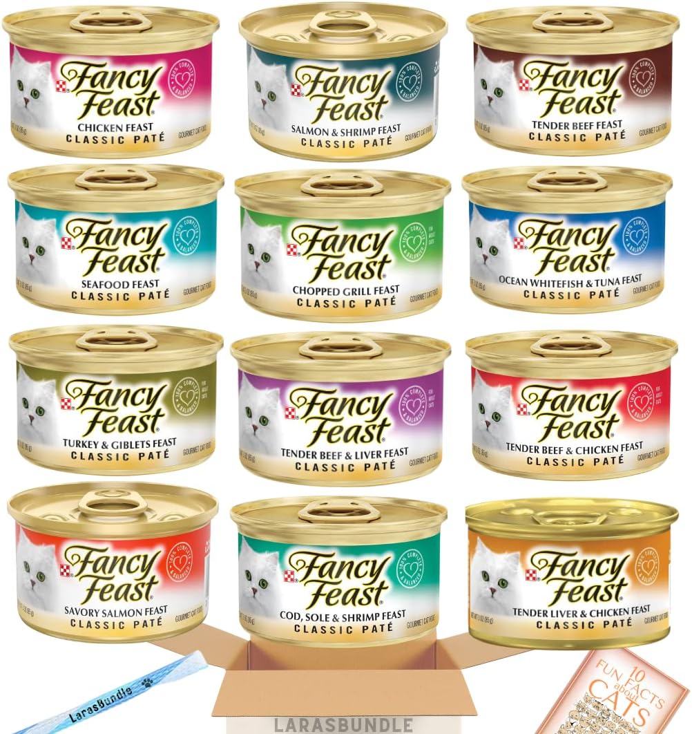 LarasBundle Fancy Feast Wet Cat Food | Fancy Feast Pate Cat Food Variety Pack | Grain Free Cat Food Wet | All 12 Flavors | 3 oz. cans Bundled Spring Toy and Catnip Mice