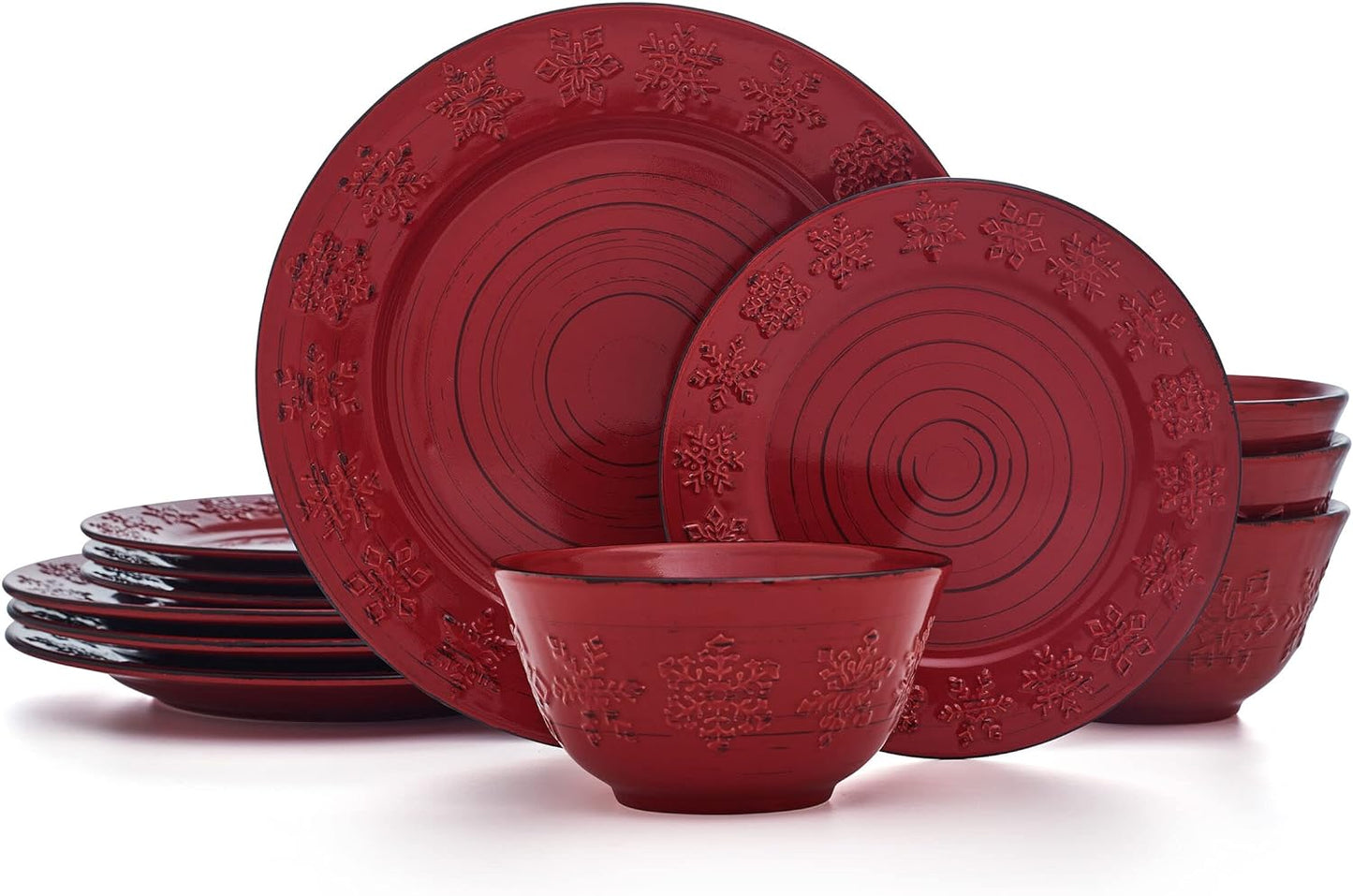 Pfaltzgraff Trellis Snowflakes 12 Piece Dinnerware Set, Service For 4, Red