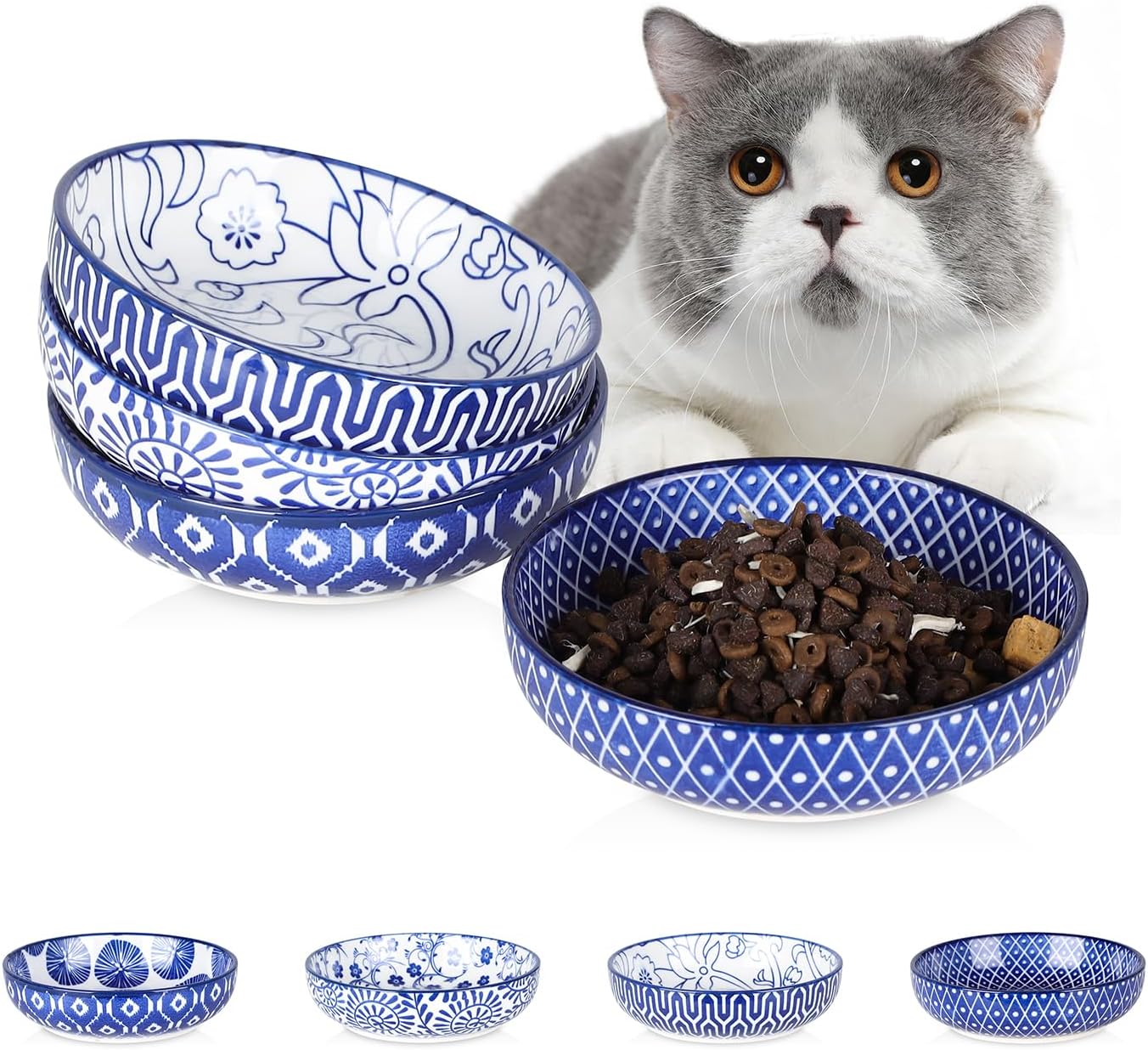 Selamica Ceramic Cat Food Bowls Set of 4, 5.6 Inch Wide Shallow Cat Bowls\/Dishes for Food and Water, 8 OZ Small Flat Cat Feeding Bowls for Relief Whisker Fatigue, Dishwasher Safe, Vintage Blue